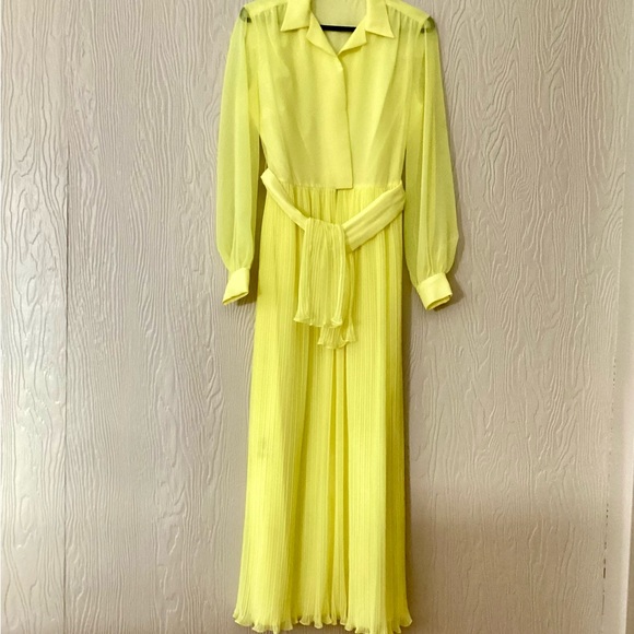 Vintage Yellow Pleated Chiffon Maxi Dress - Picture 1 of 10